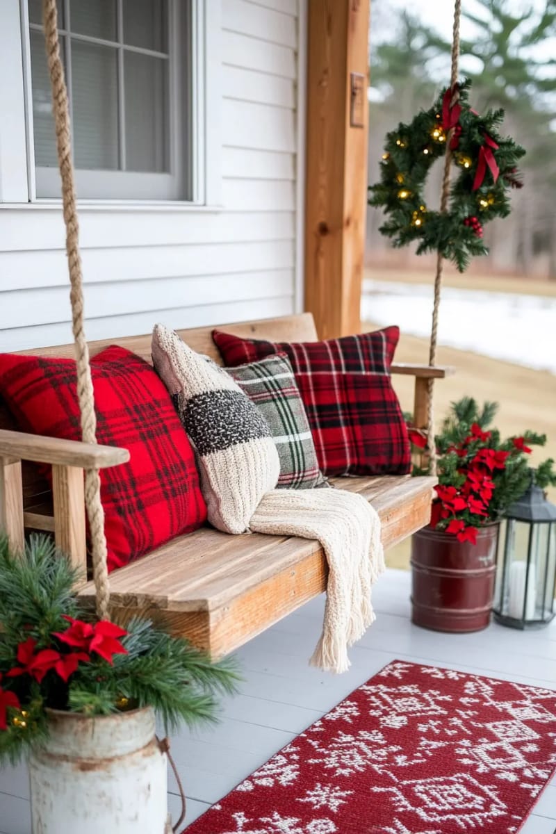 15 Simple Farmhouse Christmas Front Porch Decor Ideas 23 cozy plaid pillows and chunky throws on porch swing for a winter nook 1