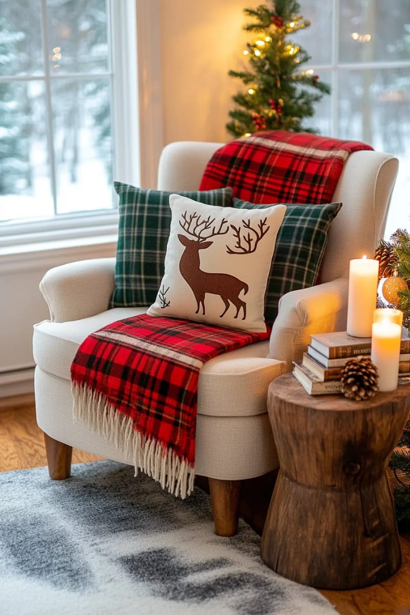 cozy reading nook with plaid throws, candlelight, and woodland christmas pillows 1