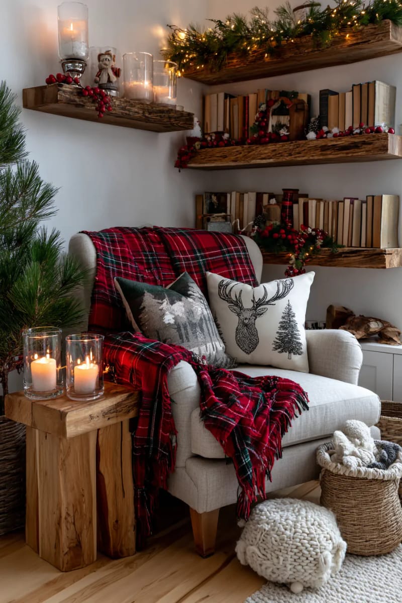 cozy reading nook with plaid throws, candlelight, and woodland christmas pillows 1
