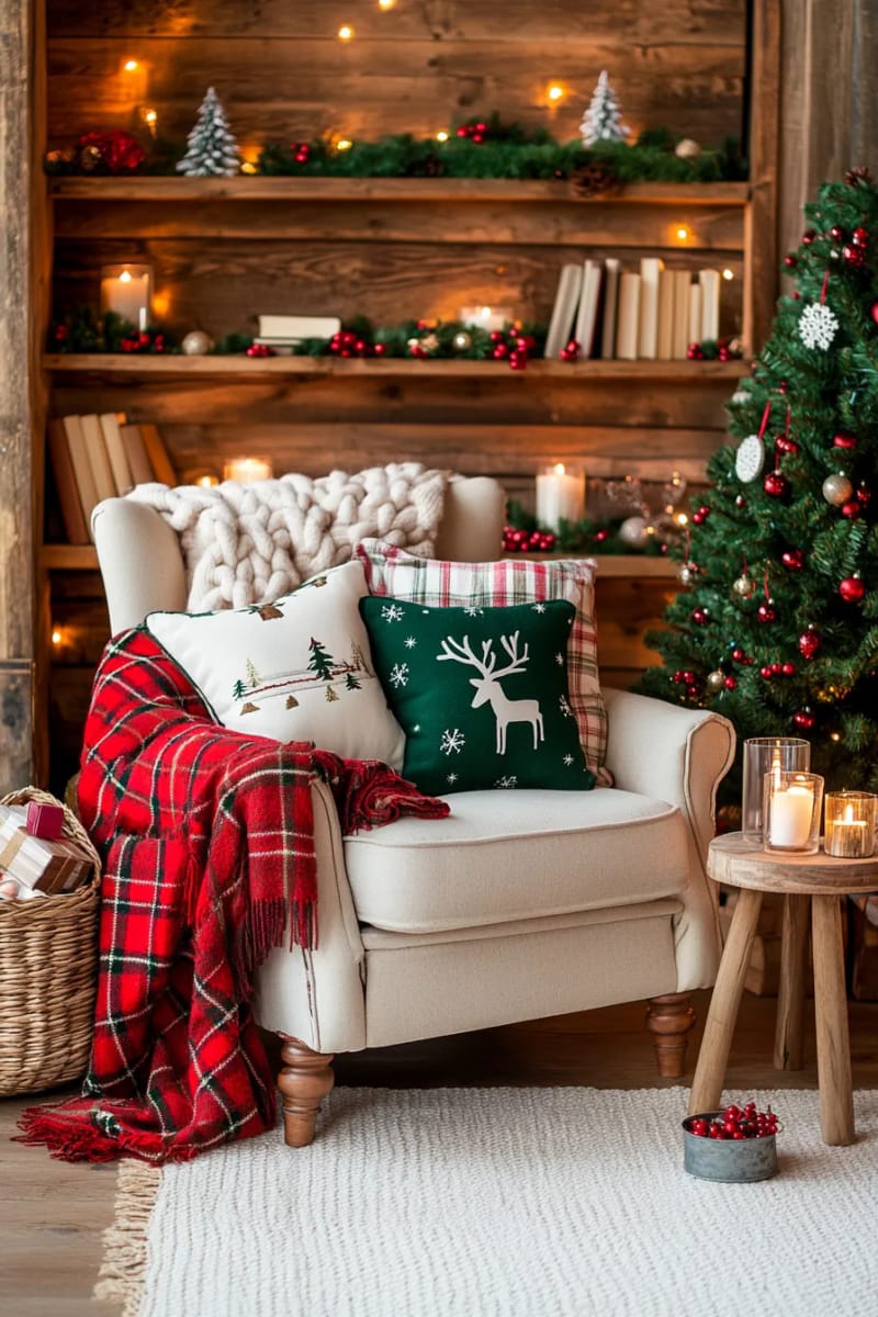 cozy reading nook with plaid throws, candlelight, and woodland christmas pillows 1