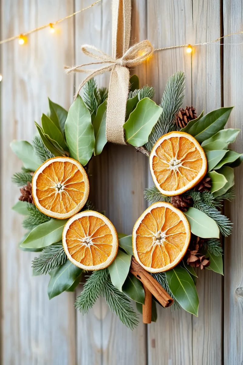 craft a circular wreath with layered dried oranges and bay leaves 1