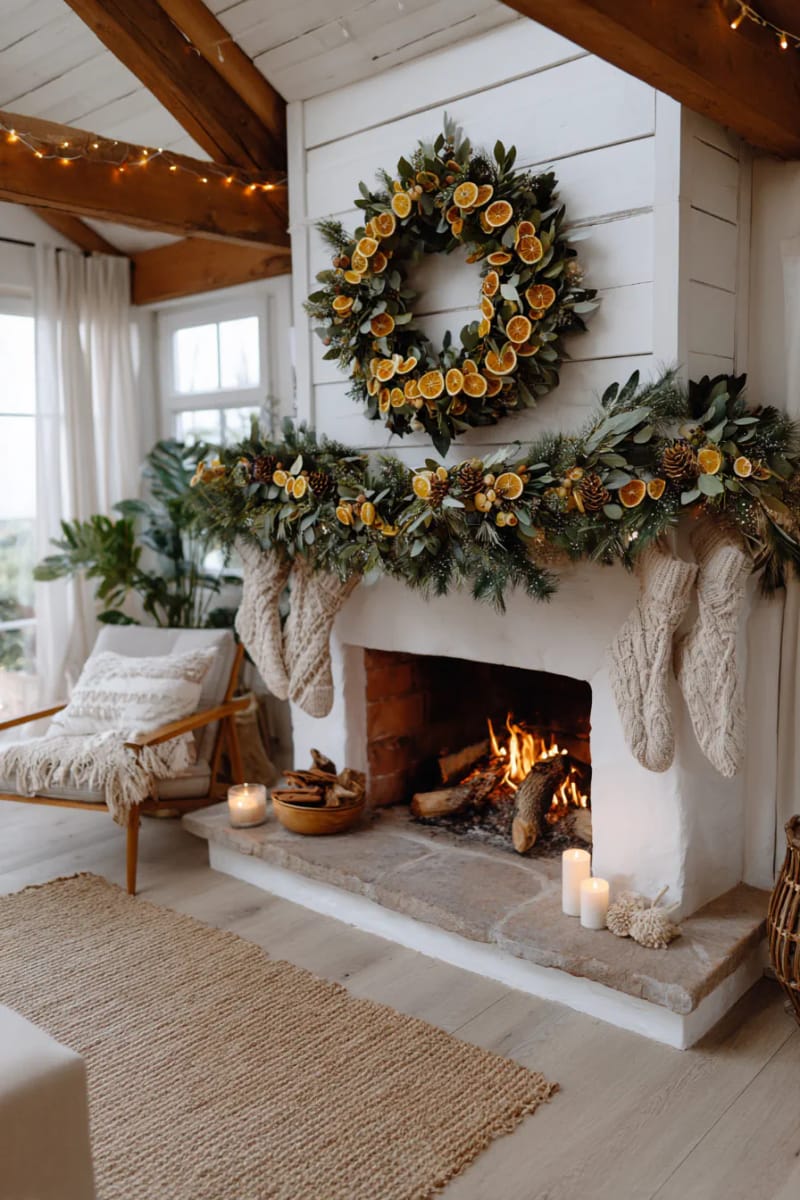 craft a circular wreath with layered dried oranges and bay leaves 1