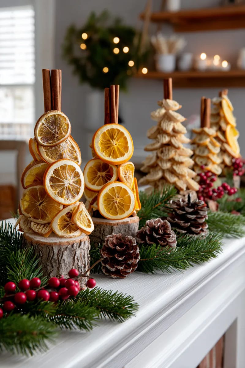 craft mini orange slice trees with cinnamon stick trunks for mantel decor 1