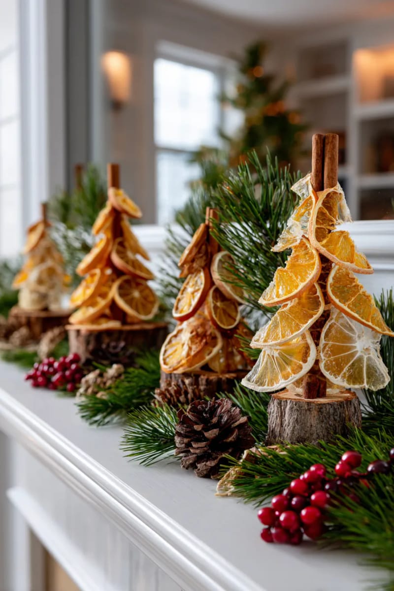 craft mini orange slice trees with cinnamon stick trunks for mantel decor 1