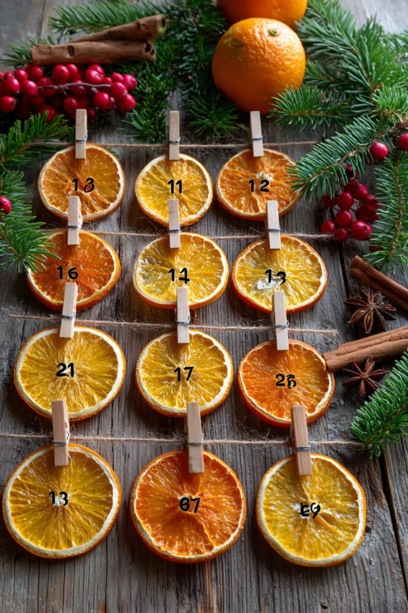 create an advent calendar with numbered dried orange slices 1