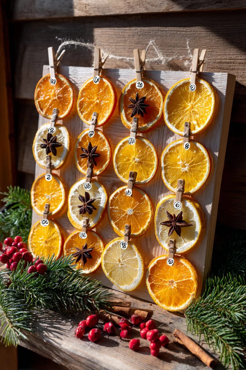 create an advent calendar with numbered dried orange slices 1
