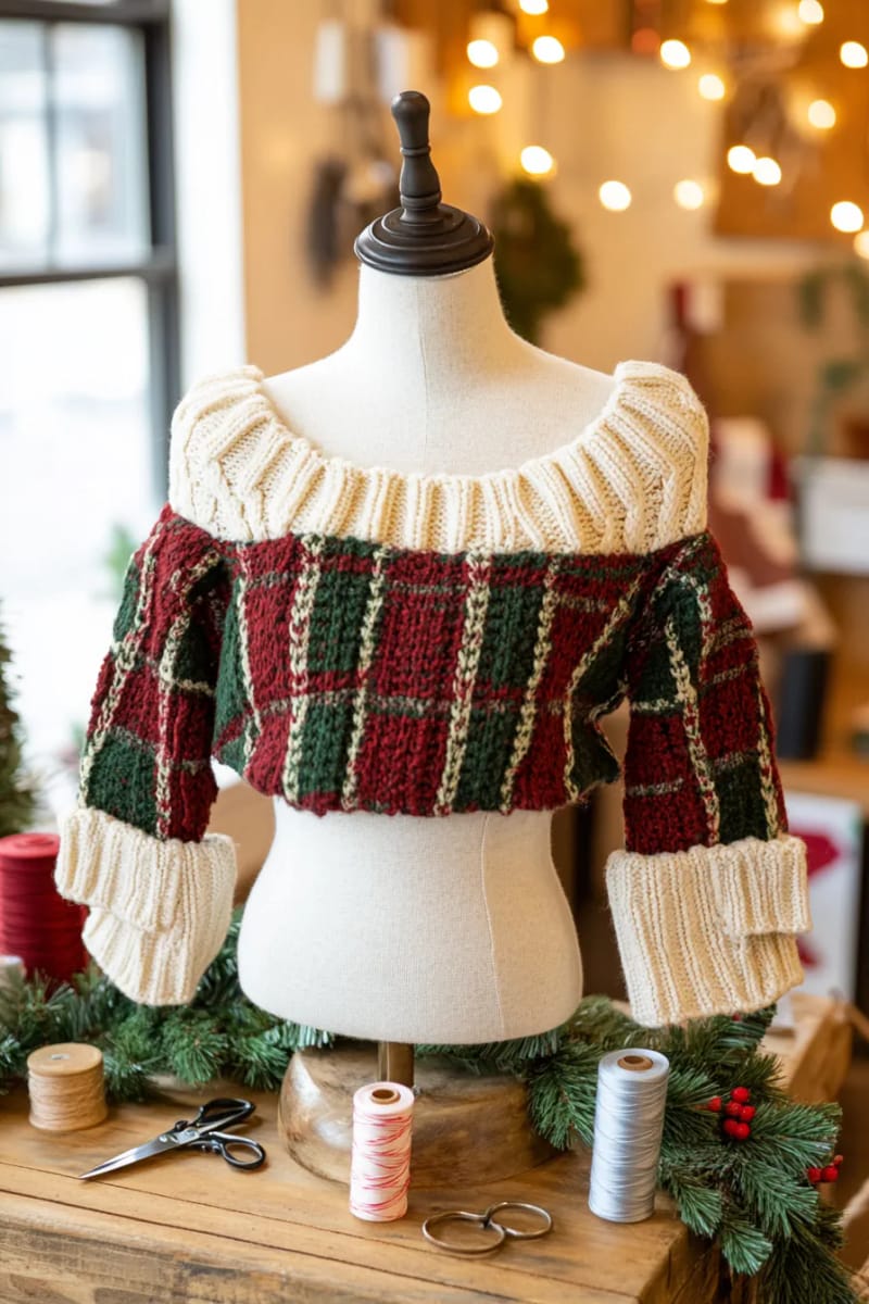 cropped christmas top made from an upcycled blanket and sweater sleeves. 1