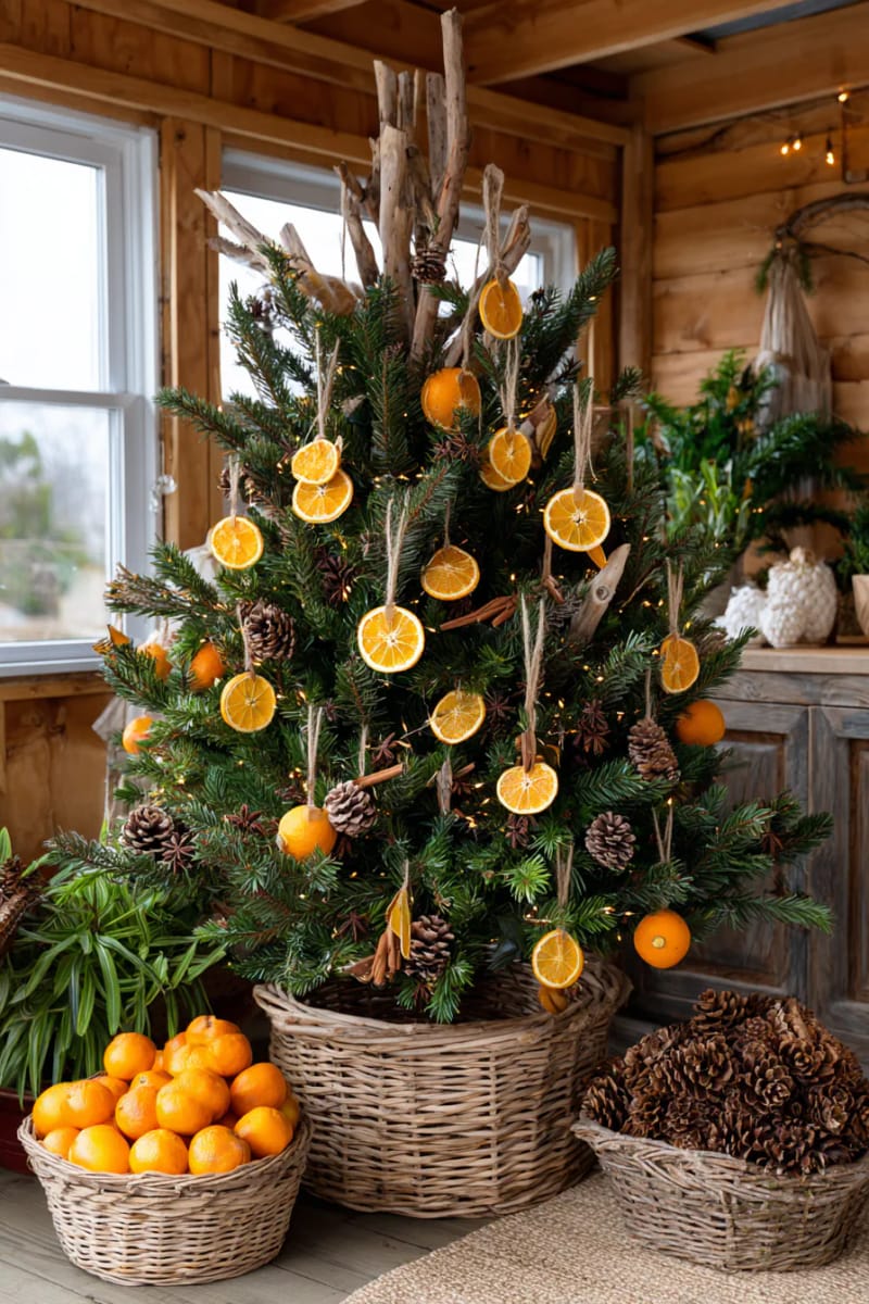 decorate a rustic christmas tree using dried orange and star anise ornaments 1