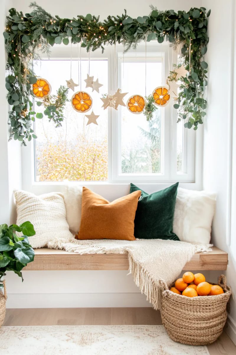 design a window hanging with oranges, eucalyptus, and wooden stars 1