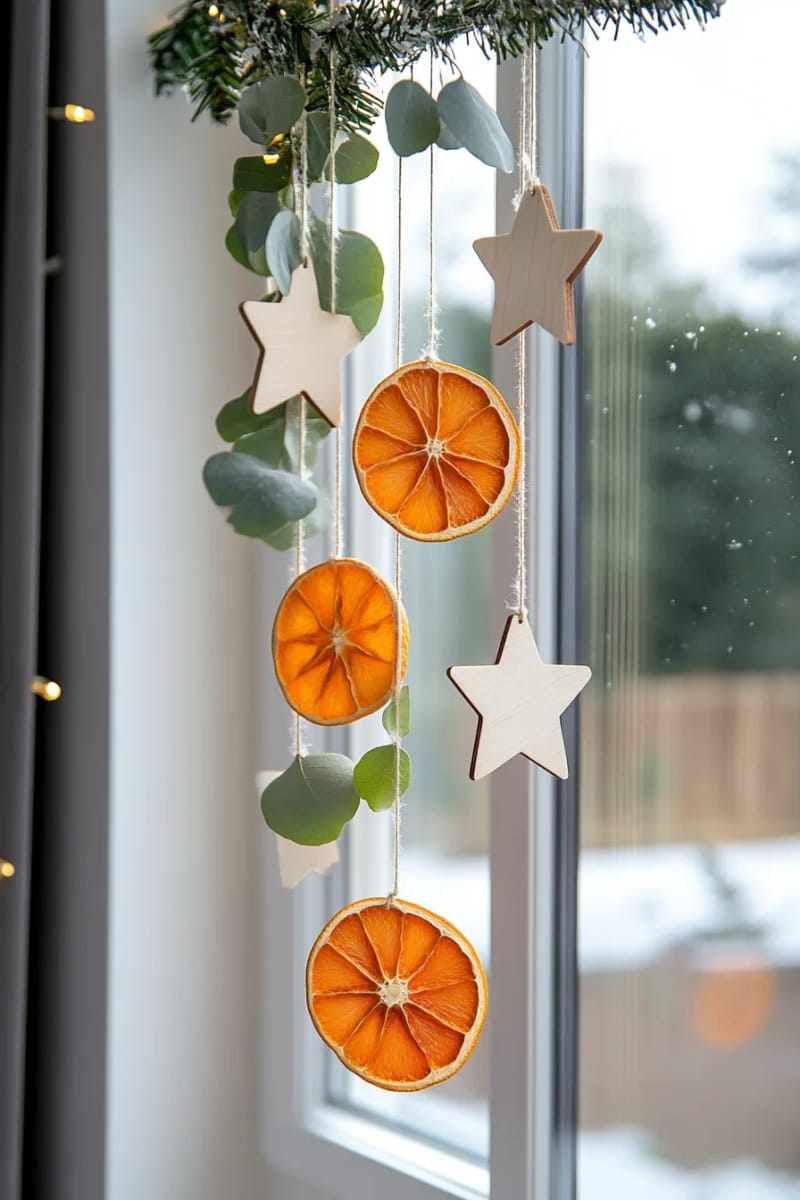 design a window hanging with oranges, eucalyptus, and wooden stars 1