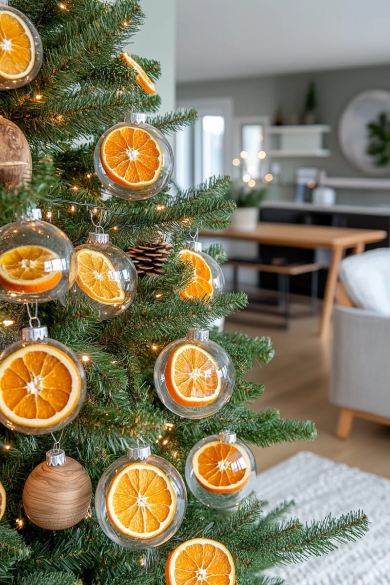 display dried orange slices in clear baubles for a modern tree accent 1