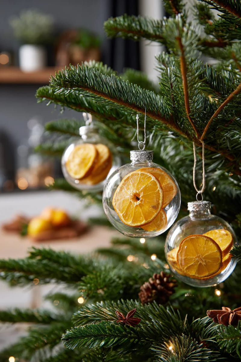 display dried orange slices in clear baubles for a modern tree accent 1