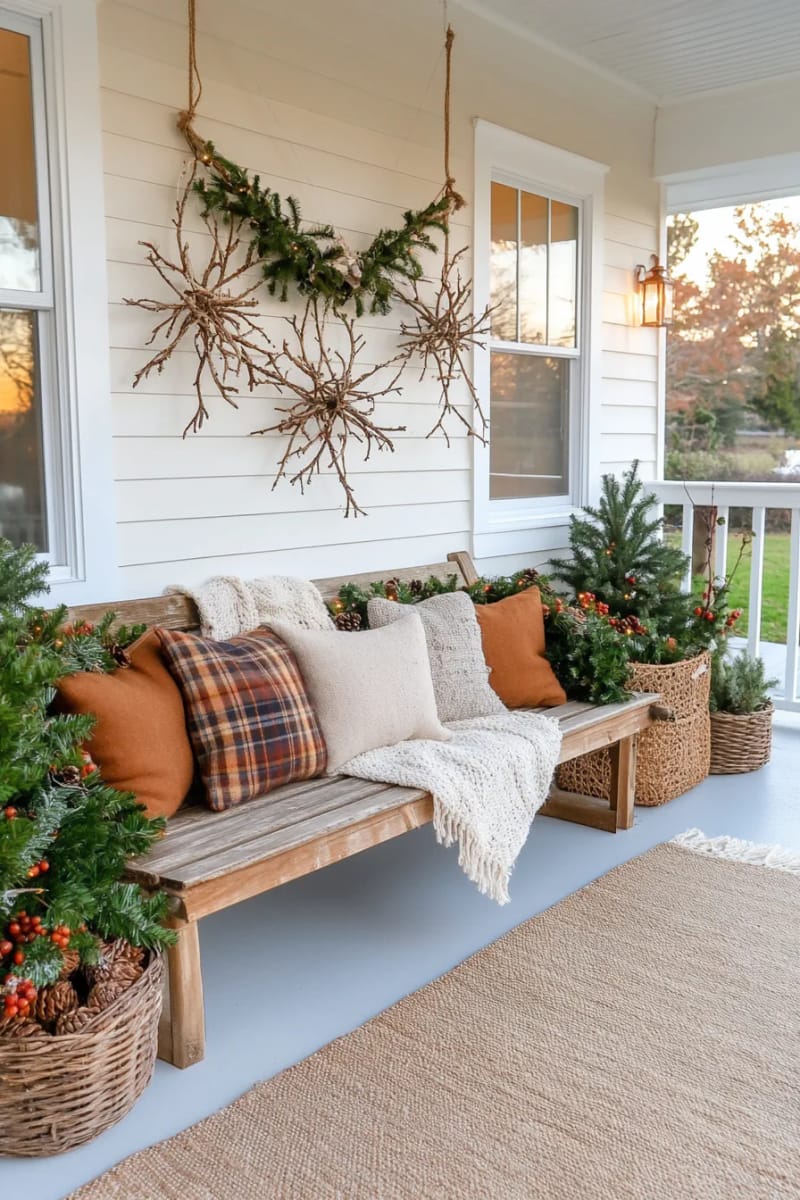 diy snowflakes crafted from twigs and jute, suspended above the porch 1