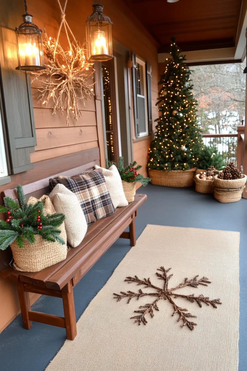 diy snowflakes crafted from twigs and jute, suspended above the porch 1