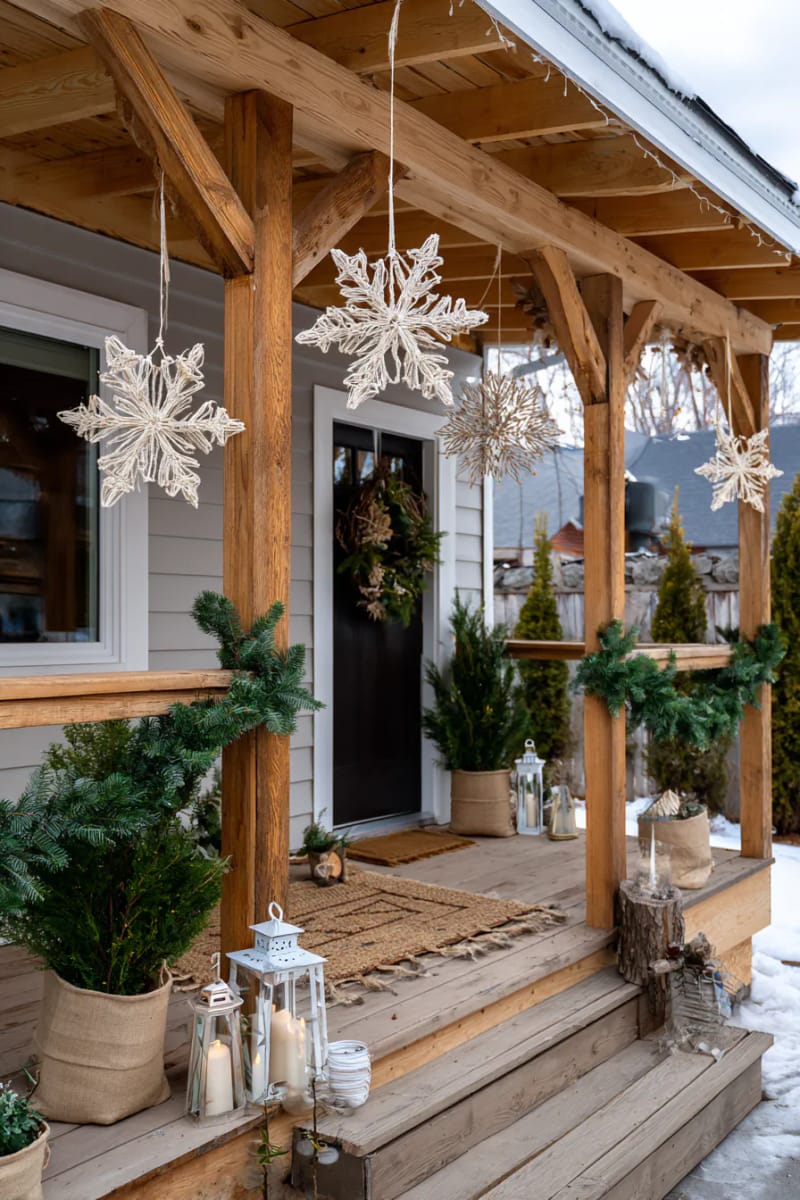 diy snowflakes crafted from twigs and jute, suspended above the porch 1