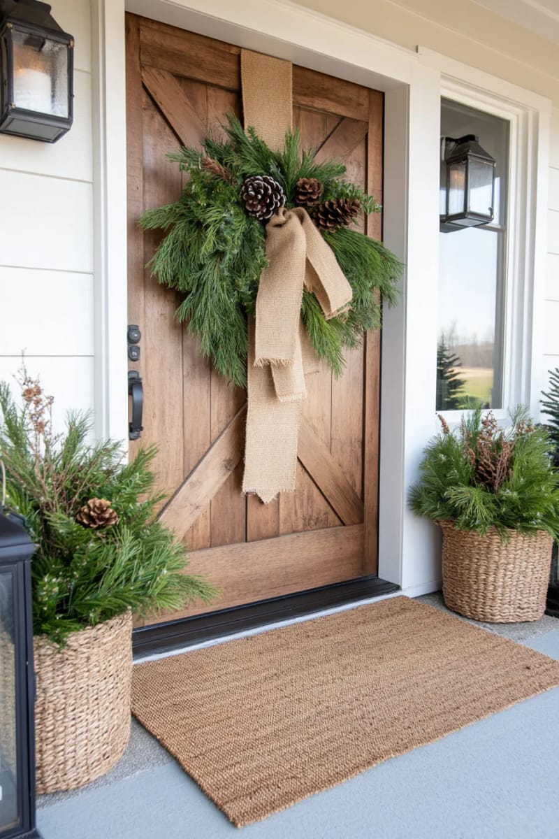 door swag made with foraged evergreens, pinecones, and burlap ribbon 1