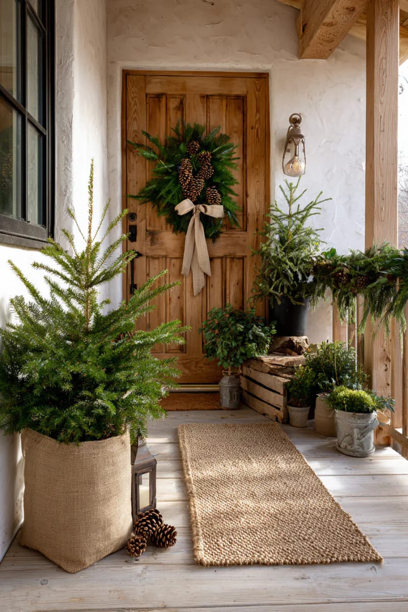 door swag made with foraged evergreens, pinecones, and burlap ribbon 1