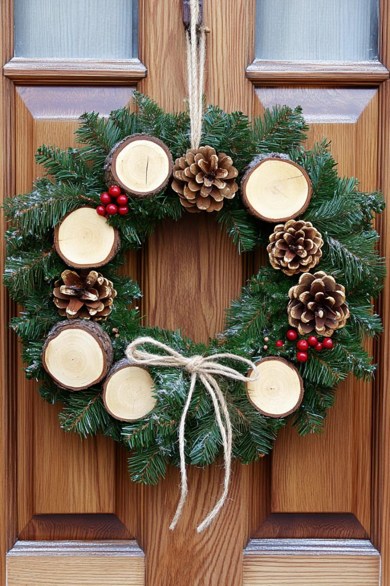 door wreath mixing rustic wood slices, evergreen tips, and gold-painted pinecones 1