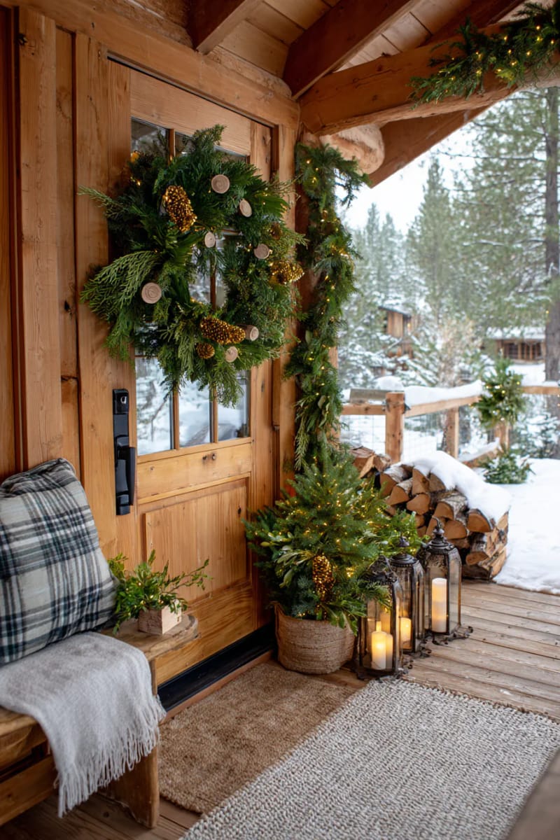 door wreath mixing rustic wood slices, evergreen tips, and gold-painted pinecones 1