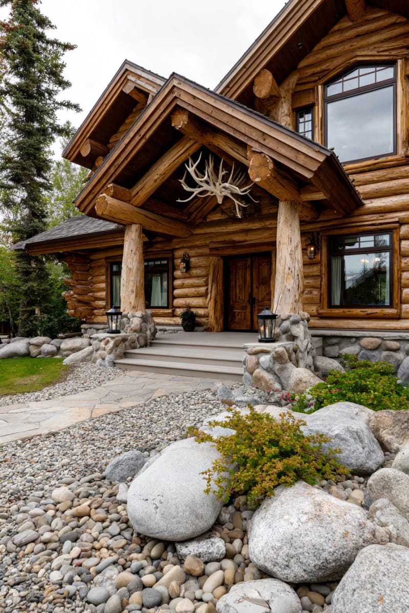 15 Fabulous Log Cabin Home Exterior Ideas You'll Love! 12 double-height gables, antler lighting, and river rock foundation details 1