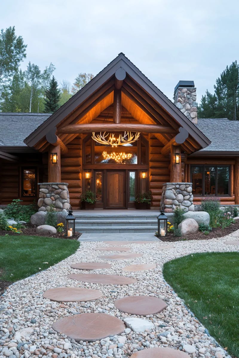 15 Fabulous Log Cabin Home Exterior Ideas You'll Love! 13 double-height gables, antler lighting, and river rock foundation details 1