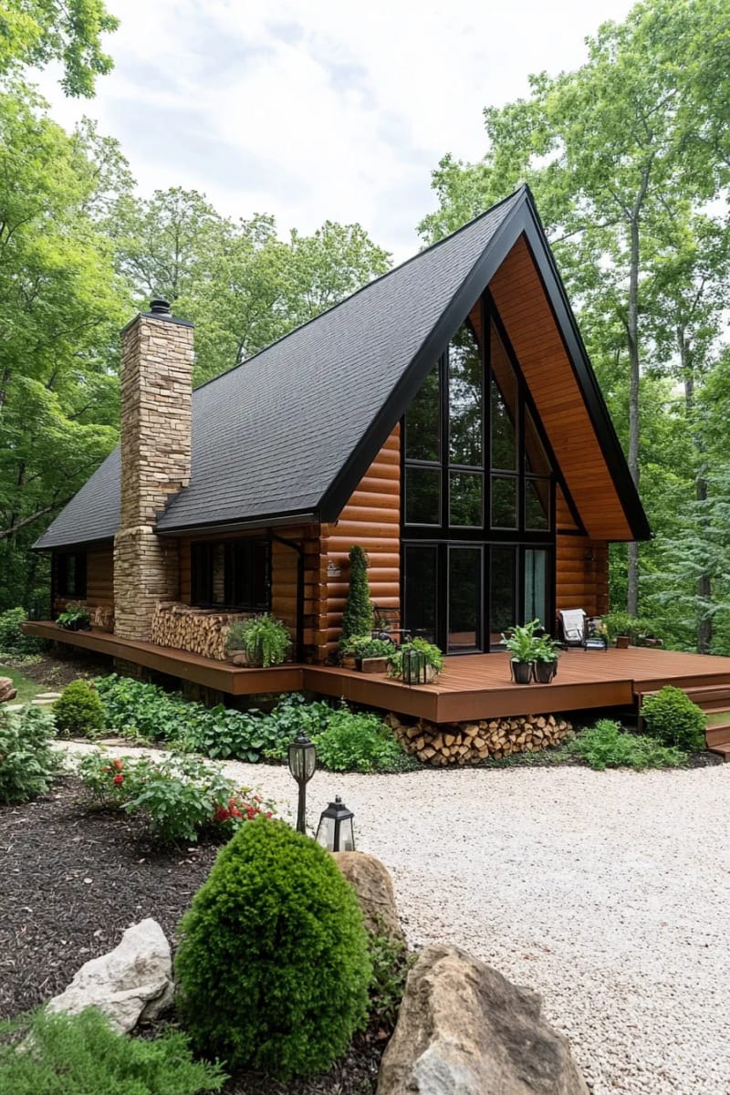 15 Fabulous Log Cabin Home Exterior Ideas You'll Love! 6 dramatic a-frame log cabin with black-trimmed windows and copper roof accents 1