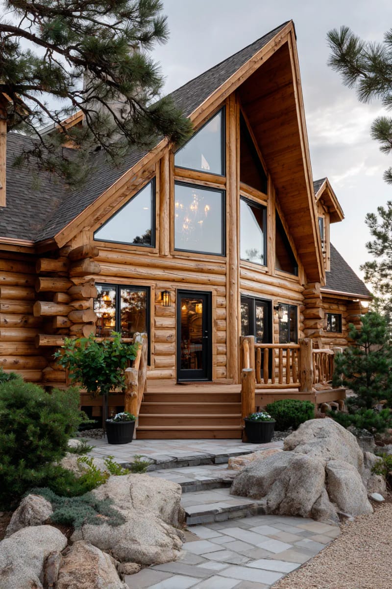 15 Fabulous Log Cabin Home Exterior Ideas You'll Love! 7 dramatic a-frame log cabin with black-trimmed windows and copper roof accents 1