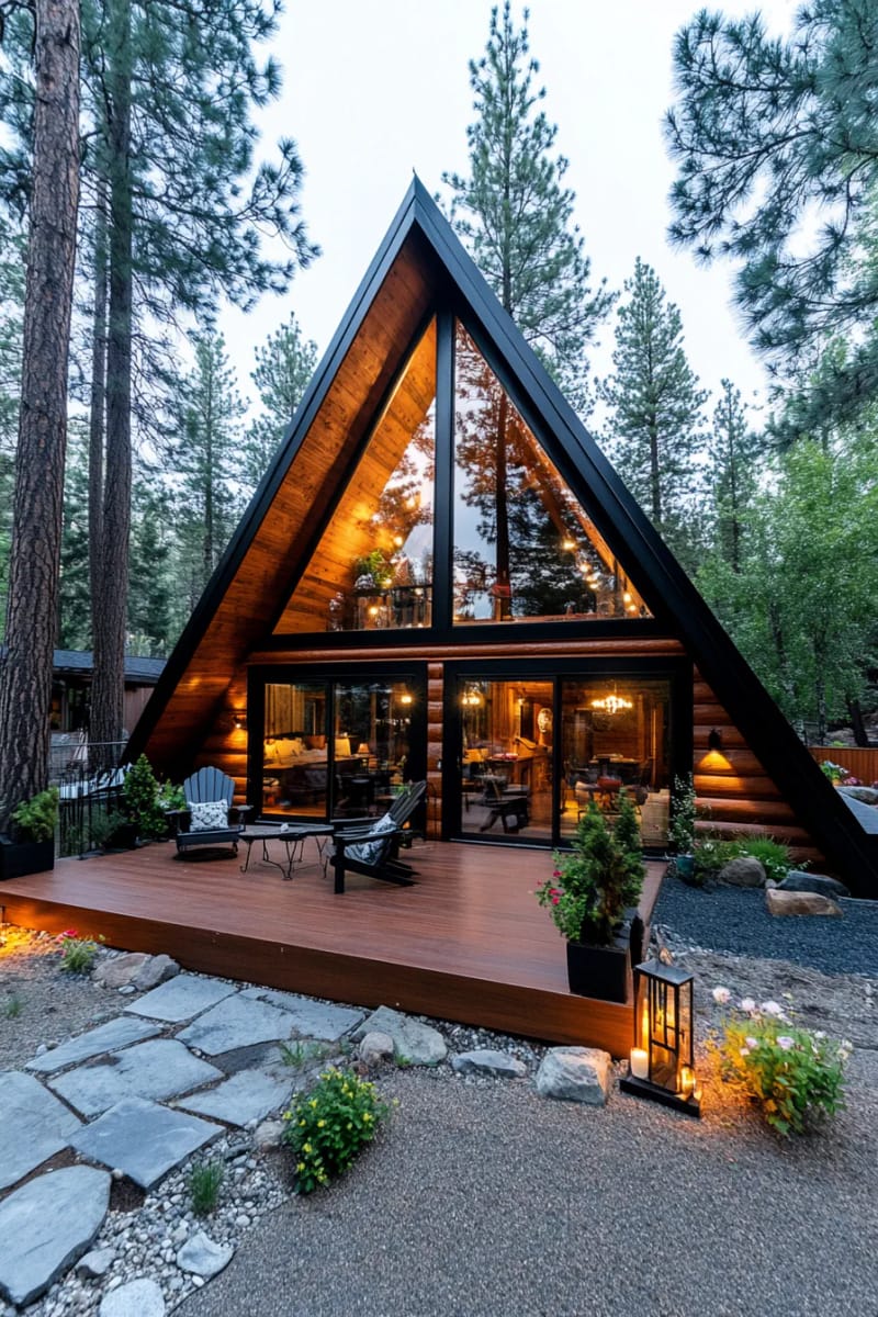 15 Fabulous Log Cabin Home Exterior Ideas You'll Love! 8 dramatic a-frame log cabin with black-trimmed windows and copper roof accents 1