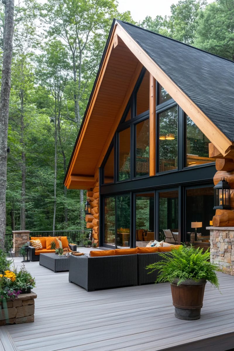 15 Fabulous Log Cabin Home Exterior Ideas You'll Love! 31 dramatic glass wall facing the forest, blending modern and log cabin styles 1