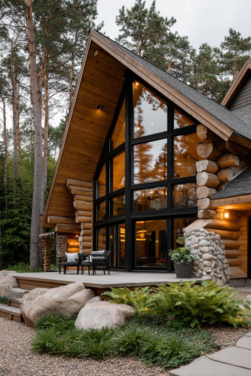 15 Fabulous Log Cabin Home Exterior Ideas You'll Love! 32 dramatic glass wall facing the forest, blending modern and log cabin styles 1