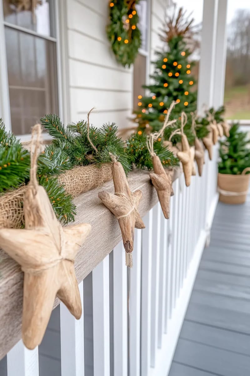 driftwood star garlands draped across porch railings with natural jute twine 1