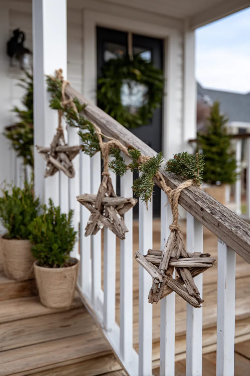 driftwood star garlands draped across porch railings with natural jute twine 1