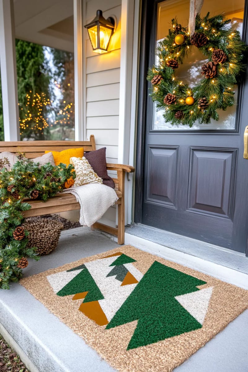 eco-friendly fiber doormat painted with geometric christmas tree patterns 1