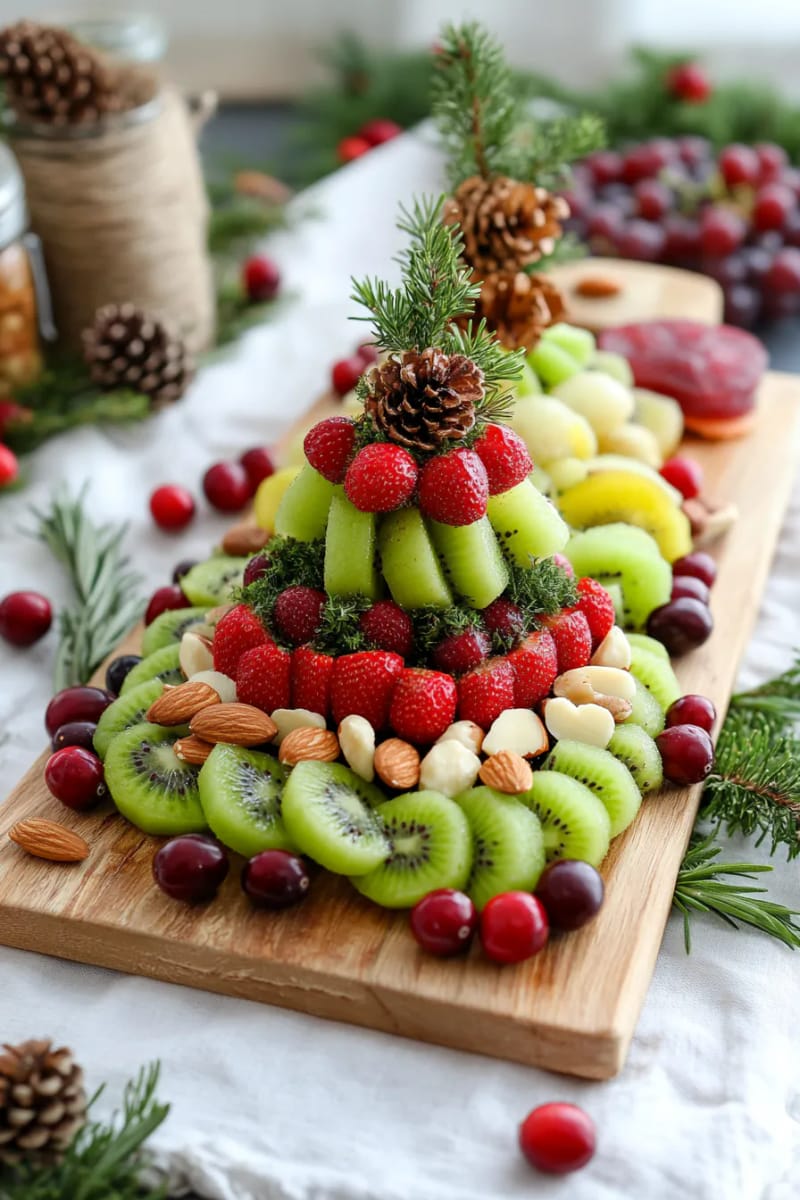 21 Creative Eco-Friendly Christmas Food Decor Guests Will Love! 13 eco-friendly fruit and nut charcuterie trees on upcycled wooden boards 1