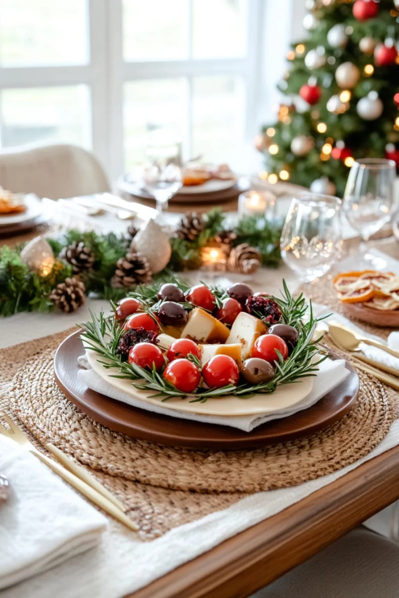 21 Creative Eco-Friendly Christmas Food Decor Guests Will Love! 10 edible christmas wreath made from cherry tomatoes, olives, and vegan cheese 1