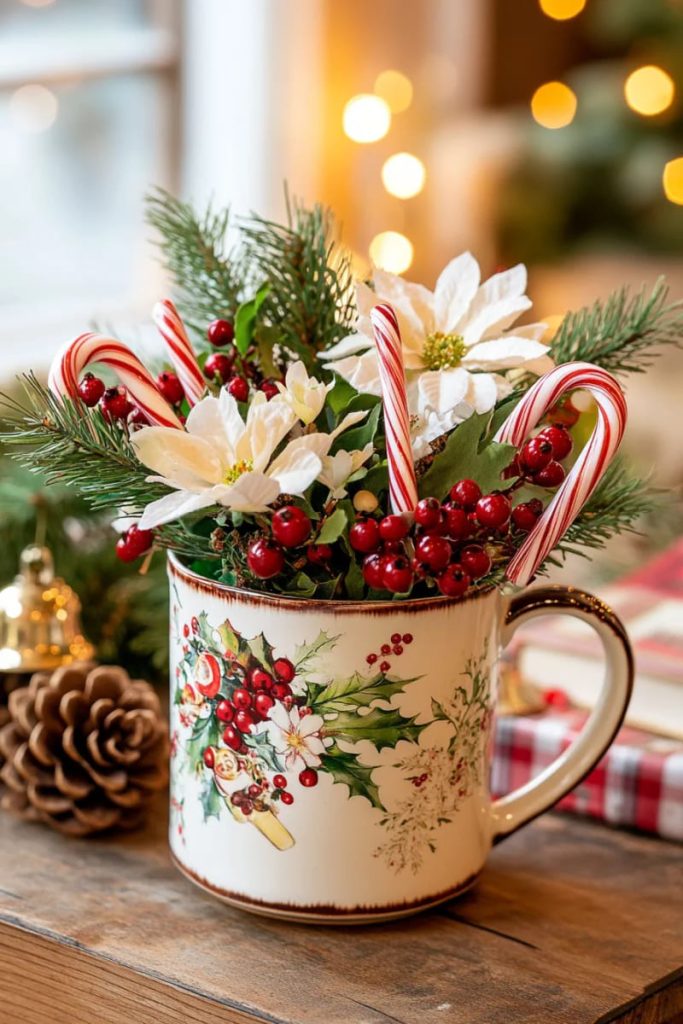 enamel mug arrangement filled with winter florals and candy canes on sideboard 19