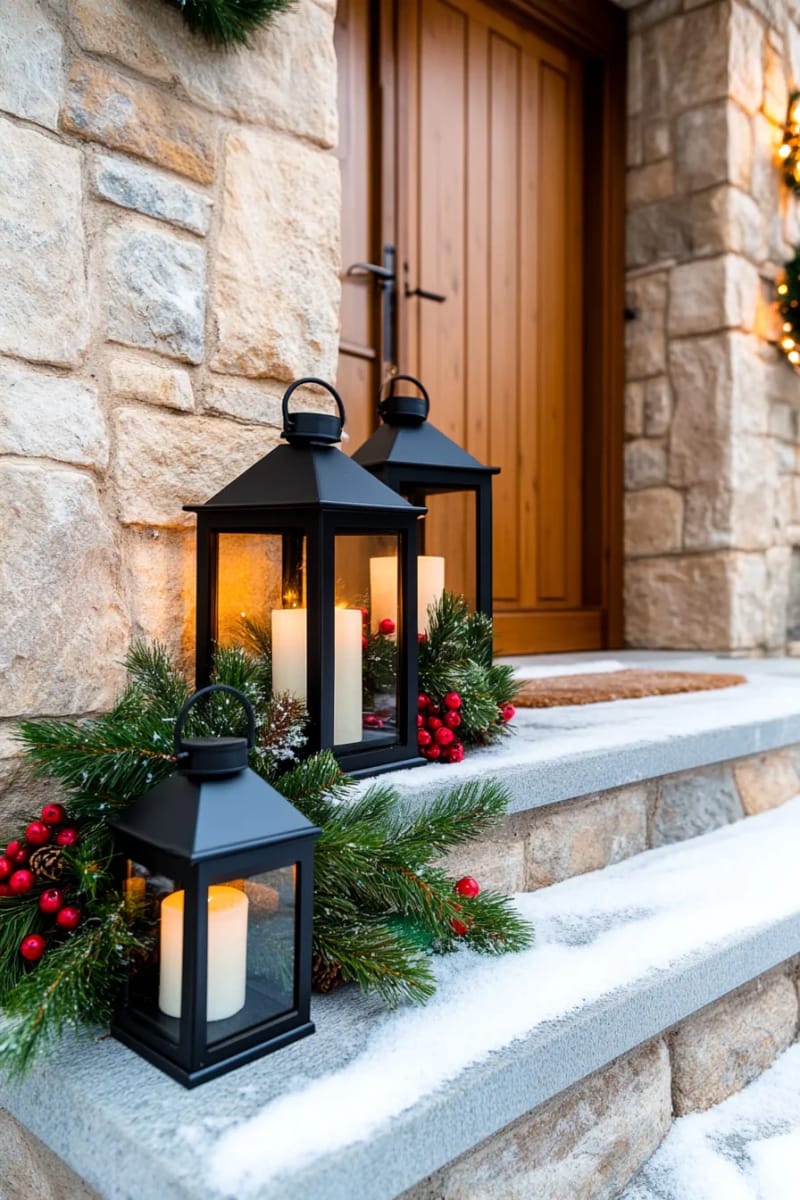 entryway lanterns surrounded by pine branches, holly, and natural candles 1