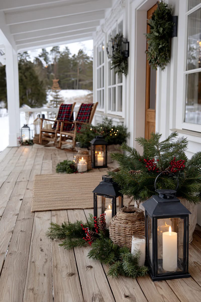 entryway lanterns surrounded by pine branches, holly, and natural candles 1
