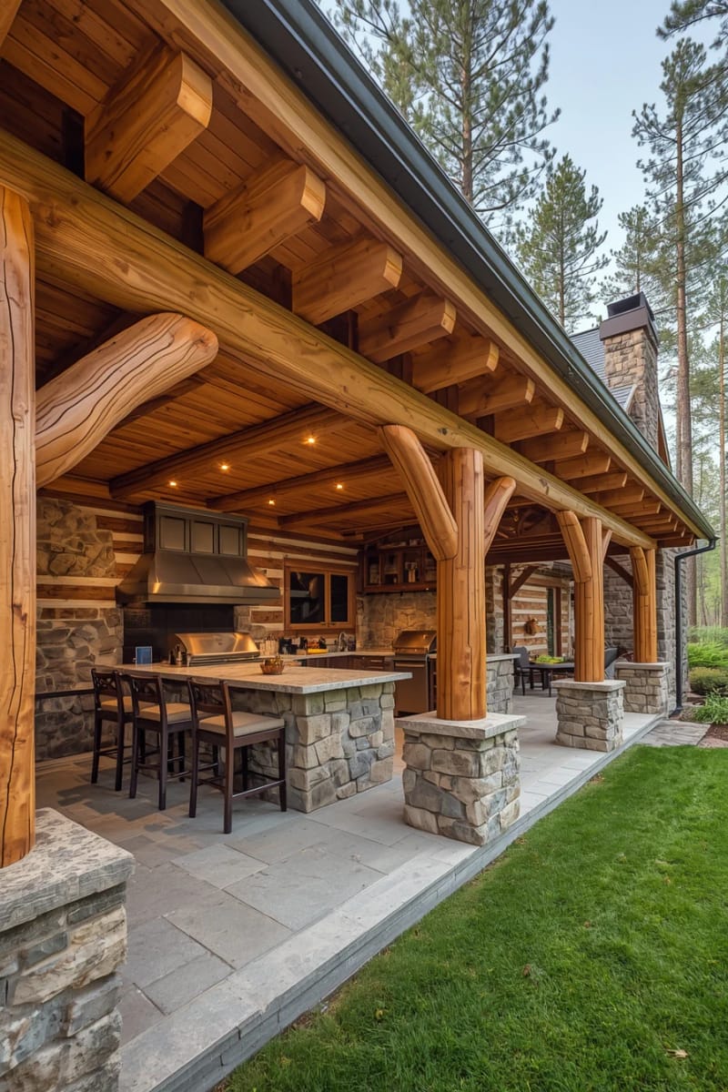 15 Fabulous Log Cabin Home Exterior Ideas You'll Love! 27 expansive covered outdoor kitchen blending seamlessly with log and stone facade 1