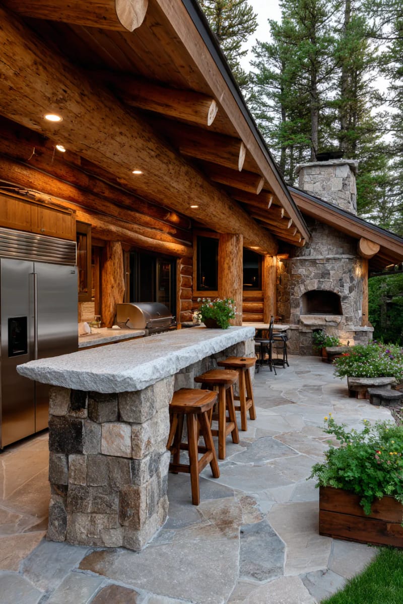 15 Fabulous Log Cabin Home Exterior Ideas You'll Love! 28 expansive covered outdoor kitchen blending seamlessly with log and stone facade 1
