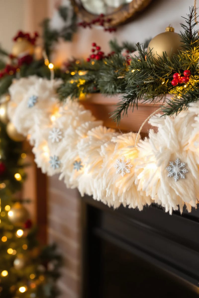 extra-fluffy wool garland with interspersed mini felted snowflakes 1