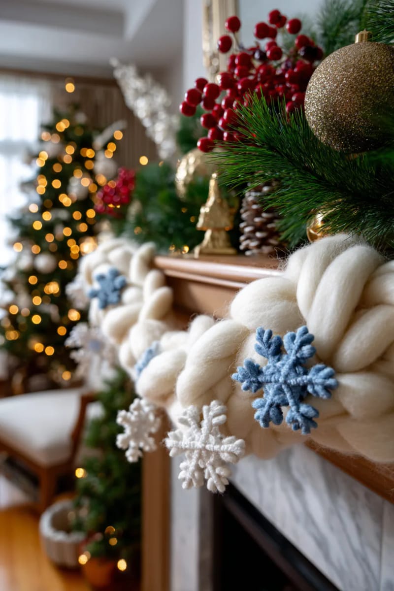 extra-fluffy wool garland with interspersed mini felted snowflakes 1