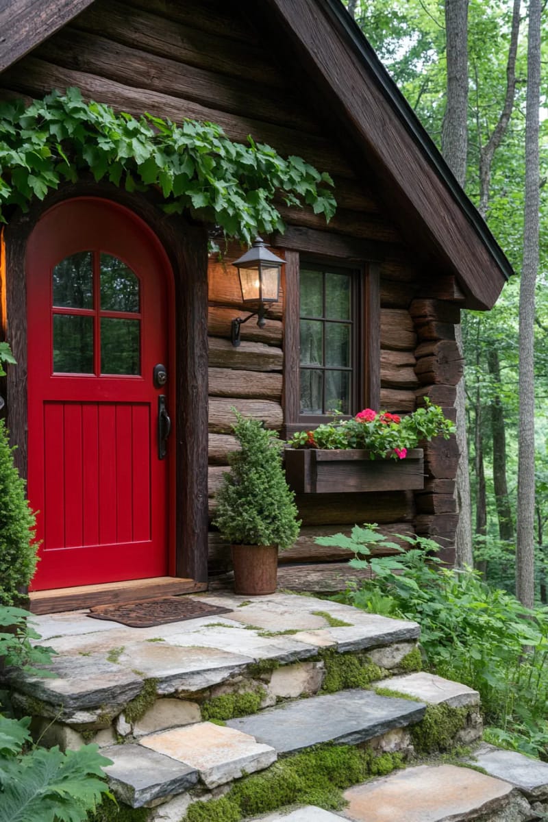 15 Fabulous Log Cabin Home Exterior Ideas You'll Love! 21 fairy-tale cabin entryway with red painted door and lush ivy climbing logs 1