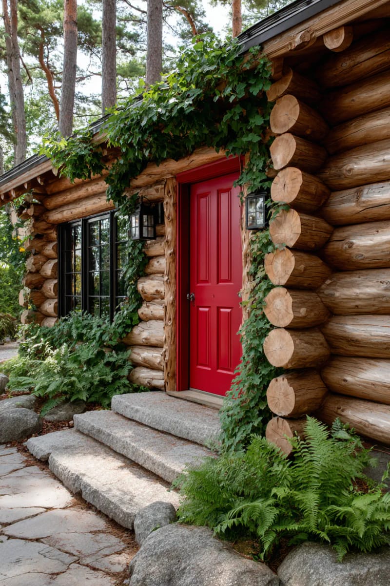 15 Fabulous Log Cabin Home Exterior Ideas You'll Love! 22 fairy-tale cabin entryway with red painted door and lush ivy climbing logs 1