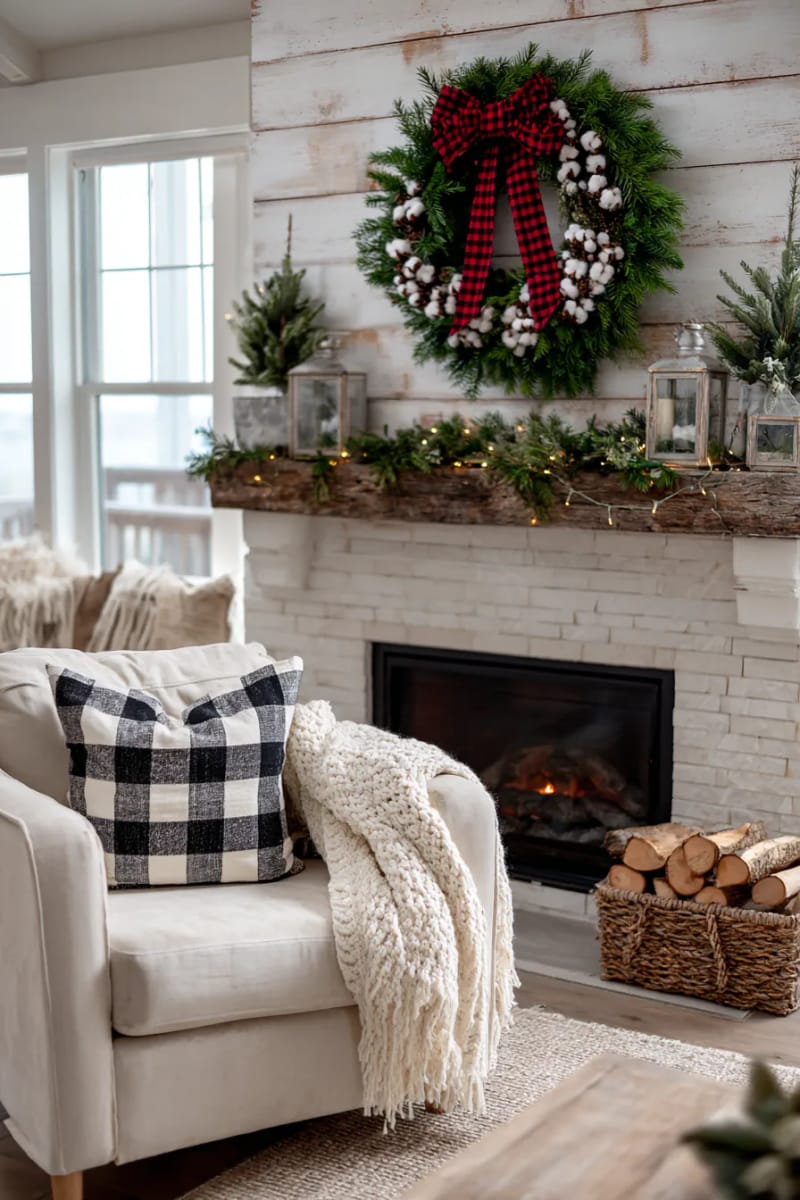 farmhouse-inspired wreath with plaid ribbon, cotton stems, and cedar greens 1