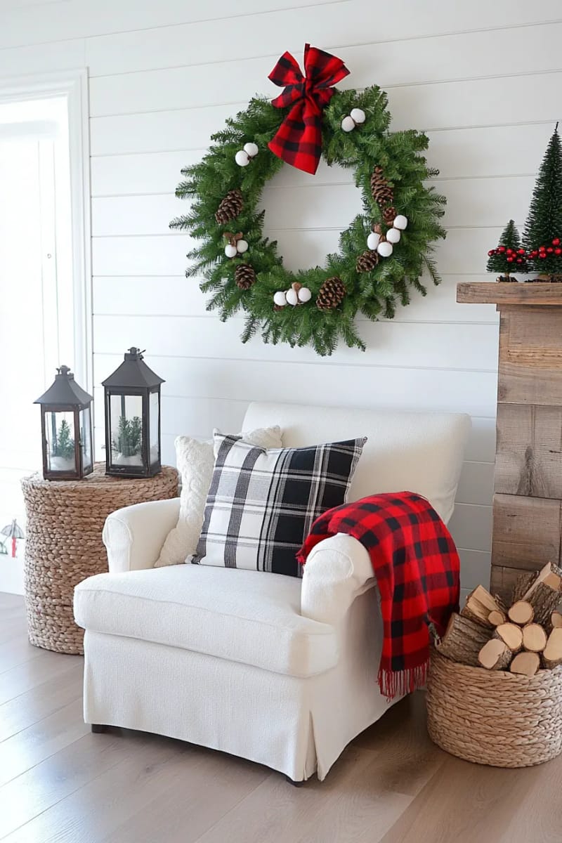 farmhouse-inspired wreath with plaid ribbon, cotton stems, and cedar greens 1