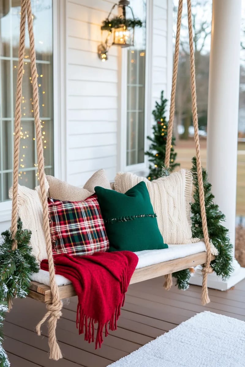 15 Cozy Modern Farmhouse Christmas Ideas For Front Porch 2025 19 farmhouse swing seat layered with chunky knit pillows and festive plaid blankets 1