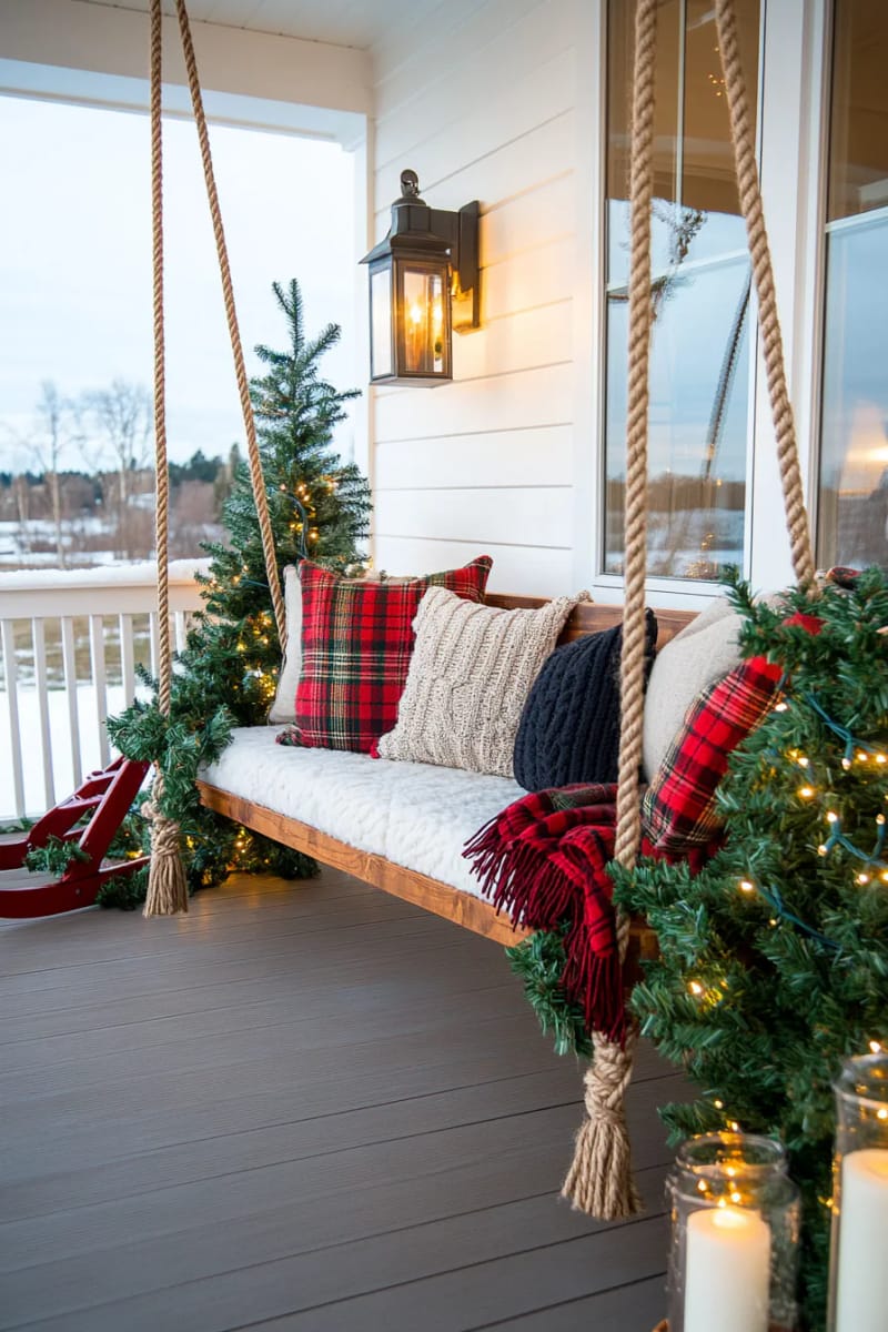 15 Cozy Modern Farmhouse Christmas Ideas For Front Porch 2025 20 farmhouse swing seat layered with chunky knit pillows and festive plaid blankets 1