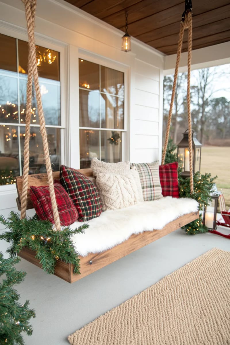 15 Cozy Modern Farmhouse Christmas Ideas For Front Porch 2025 21 farmhouse swing seat layered with chunky knit pillows and festive plaid blankets 1