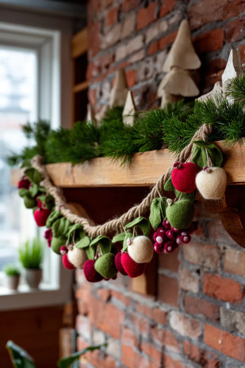 felted fruit garland with apples, pears, and cranberries for a rustic vibe 1